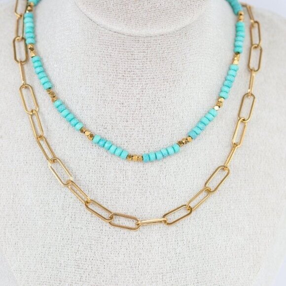 BUNDLE Turquoise Beaded Necklace & Bracelet Set Waterproof Gold - Picture 6 of 12